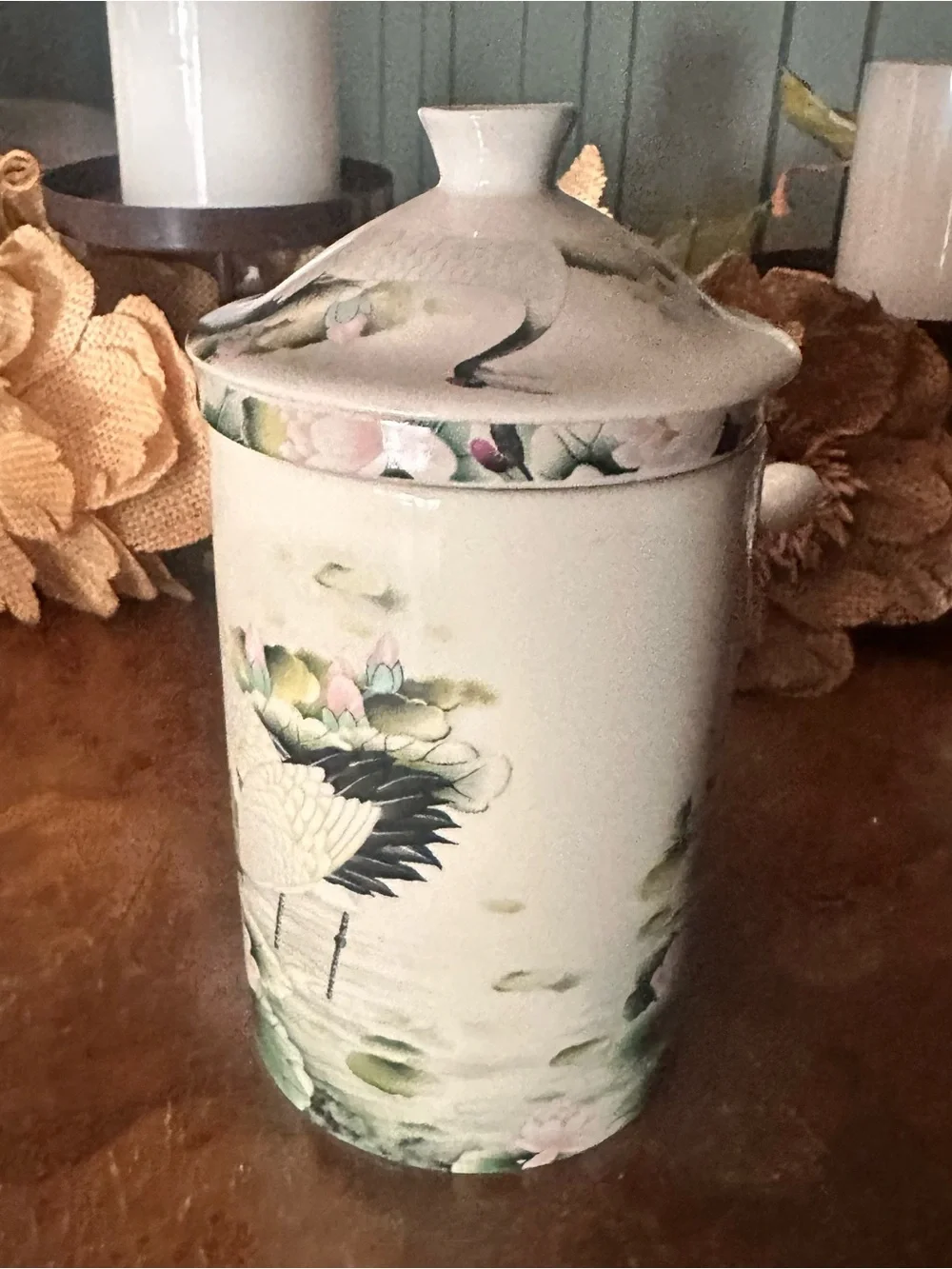 World Market Porcelain Crane & Lotus Lidded Tea Mug Cream Pink Green